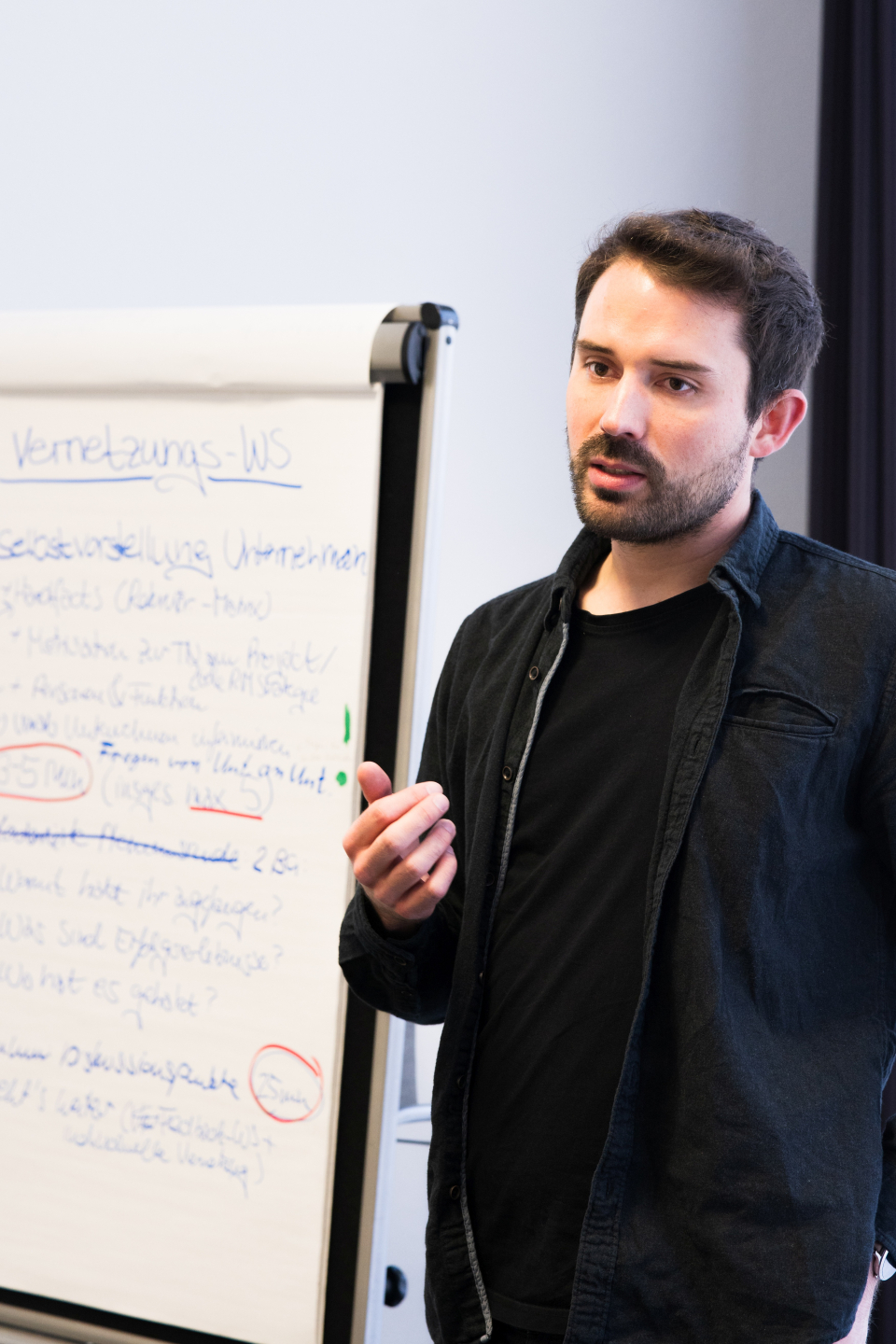 Hr. Jungilligens trägt ein schwarzes Oberteil mit einer schwarzen Strickjacke. Er steht neben einem Flipchart und erläutert einen Arbeitsprozess.