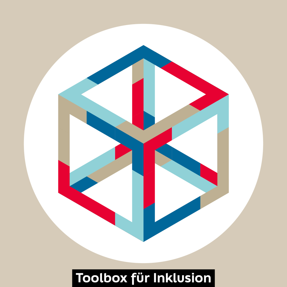 Das Bild zeigt die Symbol-Grafik für die Toolbox: einen Kantenwürfel in Blau, Rot und Beige. Unten steht: „Toolbox für Inklusion“.