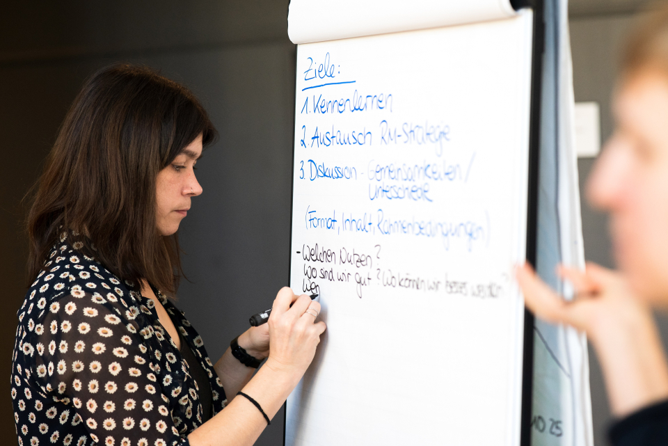 Fr. Buckermann trägt ein schwarz gemustertes Oberteil mit kleinen weißen Blumen. Sie steht vor einem Flipchart und schreibt Arbeitsergebnisse auf.