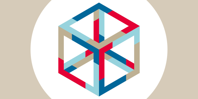 Das Bild zeigt die Symbol-Grafik für die Toolbox: einen Kantenwürfel in Blau, Rot und Beige. Unten steht: „Toolbox für Inklusion“.