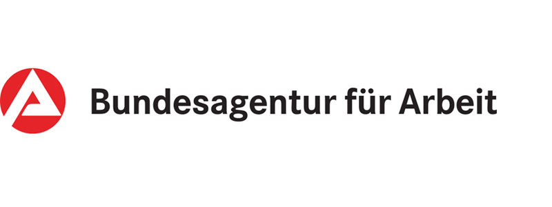 weißer Hintergrund, schwarzer Text "Bundesagentur für Arbeit",  links ein roter Kreis mit einem weißen A in der Mitte
